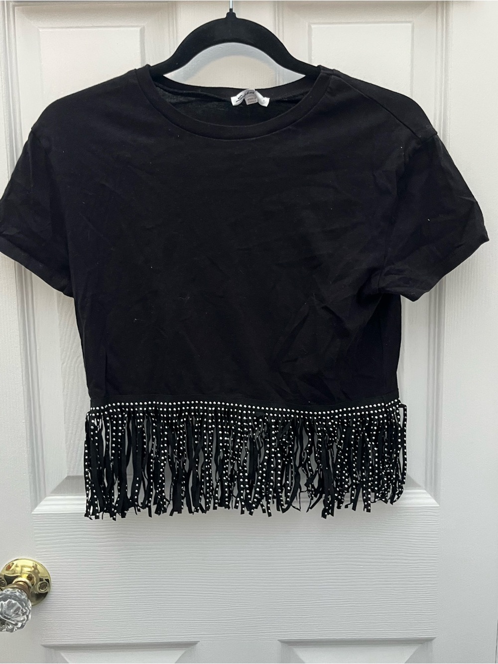 Subdued Black Fringe Crop Tee with Studded Trim